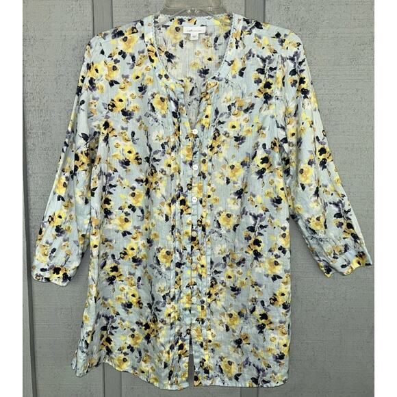 J. Jill Love Linen Floral Blouse Women’s XS Button Pintuck Pleated Cottage - Picture 1 of 10